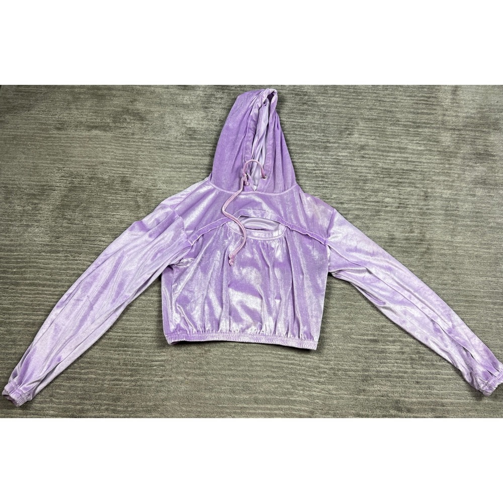 Miss Selfie Hoodie Womens Med Lavender Velvet Cutout Cropped Velour Long Sleeve